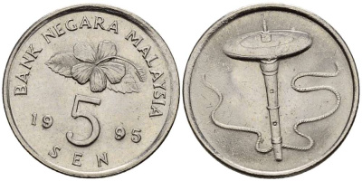 МАЛАЙЗИЯ 5 СЕН 1995 KM 50 медно-никель 4381-914