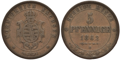 Саксония 5 пфеннигов 1862 B, Йоханн (1854-1873) KM 1218 медь    413-5243