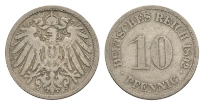 Германия 10 пфеннигов 1892 D, Вильгельм II (1888-1918) KM 12, J. 13 медно-никель 4640-229