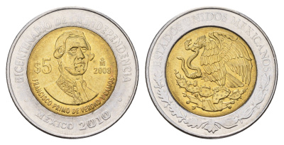 Мексика 5 песо 2008 Двухсотлетие независимости - Франсиско Примо де Вердад и Рамос KM 900 биметалл UNC 216-1152