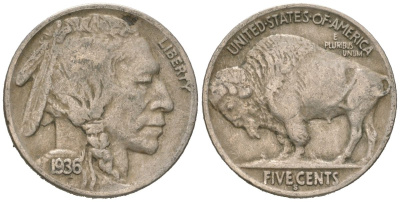 США 5 центов 1936 S, индеец, бизон KM 134 медно-никель 4614-1251