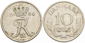 Дания 10 эре 1964 C; S, Фредерик IX (1947-1972) KM 849.1 медно-никель 3309-145