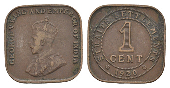 Стрейтс Сетлментс 1 цент 1920 Георг V (1910-1936) KM 32 бронза 4643-832