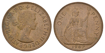 Великобритания 1 пенни 1967 Елизавета II (1952-2022) KM 897, Spink 4157 бронза 221-1041
