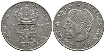 Швеция 1 крона 1973 U, Густав VI Адольф (1950-1973) КМ 826a медь плакированная медно-никелем 176-423