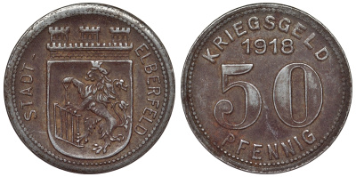 Германия, округ Эльберфельд 50 пфеннигов 1917 Вупперталь, Северный Рейн-Вестфалия, нотгельд железо 4119-1253