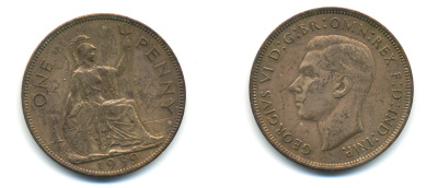 Великобритания 1 пенни 1939 Георг VI (1936-1952) KM 845, Spink 4114 бронза 83-615