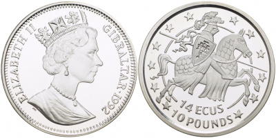 Гибралтар 14 экю - 10 фунтов 1992 рыцарь вправо KM 109 серебро PROOF 1080-9-53