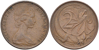 Австралия 2 цента 1966 Елизавета II (1952-), плащеносная ящерица KM 63 бронза 76-831