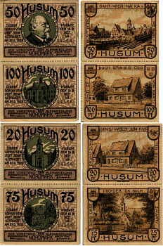 ХУЗУМ, ГЕРМАНИЯ НАБОР ИЗ 4 БАНКНОТ 1921-1922 НОТГЕЛЬД, ЗЕМЛЯ ШЛЕЗВИГ-ГОЛЬШТЕЙН, (15 СЕНТЯБРЯ 1921 - 31 МАРТА 1922), ОДИН СЕРИЙНЫЙ НОМЕР, 20, 50, 75, 100 ПФЕННИГОВ ARNOLD KELLER 640.1 бумага 7204-54-1