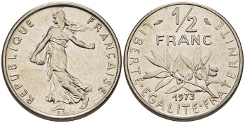 ФРАНЦИЯ 1/2 ФРАНКА 1973 СЕЯТЕЛЬ KM 931.1 никель 67-736