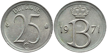 БЕЛЬГИЯ 25 САНТИМОВ 1971 BELGIQUE KM 153.1 медно-никель 4392-435