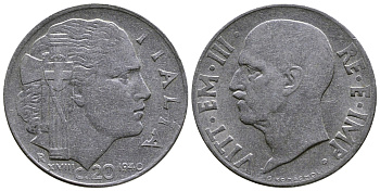 Италия 20 чентезимо 1940 R, Виктор Эммануил III (1900-1946), XXI год KM 75b, VEM3. 1025 нержавеющая сталь 4622-352