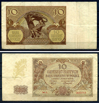 Польша 10 злотых 1940 эмиссионный банк в Польше (немецкая оккупация, вторая мировая война) Pick 94 бумага 8592-41-2-1