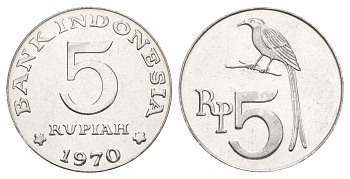Индонезия 5 рупий 1970 черный дронго KM 22 алюминий  UNC  M66-01