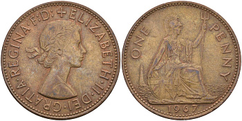 Великобритания 1 пенни 1967 Елизавета II (1952-2022) KM 897, Spink 4157 бронза 4117-1242