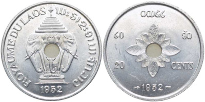 Лаос 20 центов 1952 король Сисаванг Вонг (1904-1959), слоны KM 5 алюминий 109-1134