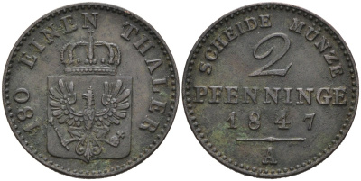 Пруссия 2 пфеннига 1847 A, Фридрих Вильгельм IV (1846-1860) KM 452, AKS 91 медь 4575-741