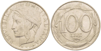 ИТАЛИЯ 100 ЛИР 1994 R KM 159 медно-никель 4551-443