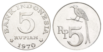 Индонезия 5 рупий 1970 черный дронго KM 22 алюминий  UNC  M66-01