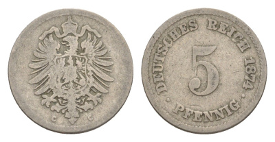 Германия 5 пфеннигов 1874 C, Вильгельм I (1871-1888) KM 3, J. 3, Weege 5 медно-никель 4639-1241
