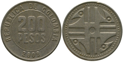Колумбия 200 песо 2009 KM 287.4, Schon 113, Restrepo 446 никель латунь 4538-422