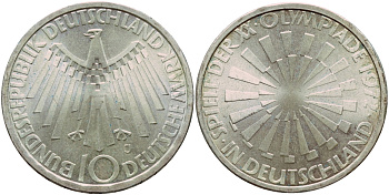 ФРГ 10 МАРОК 1972 J, ОЛИМПИАДА, СПИРАЛЬ J 401b, KM 134.1 серебро aUNC 1522-341