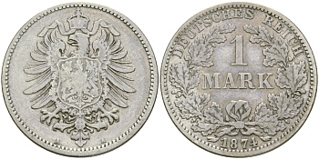 Германия 1 марка 1874 A Weege 17, J. 9, KM 7 серебро 98-1227