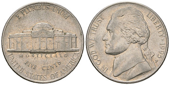 США 5 центов 1995 P, Томас Джефферсон KM A192 медно-никель aUNC 216-516