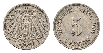 Германия 5 пфеннигов 1908 A KM 11, J. 12 медно-никель 4651-667