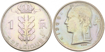 БЕЛЬГИЯ 1 ФРАНК 1969 BELGIQUE KM 142.1 медно-никель 68-635