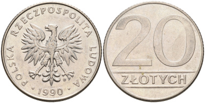 Польша 20 злотых 1990 MW KM 153.2, Parchimowicz 255b медно-никель 4566-512