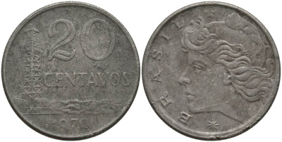 Бразилия 20 сентаво 1970 голова Свободы влево KM 579.2, Schon 84a медно-никель 181-257
