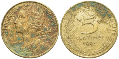 ФРАНЦИЯ 5 САНТИМОВ 1994 ТИП MARIANNE KM 933, LE FRANC 125.36 медь алюминий никель 116-462
