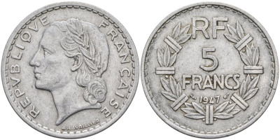 ФРАНЦИЯ 5 ФРАНКОВ 1947 ТИП LAVRILLIER, FERME "9" KM 888b.1, LE FRANC 339.10 алюминий 4572-1132