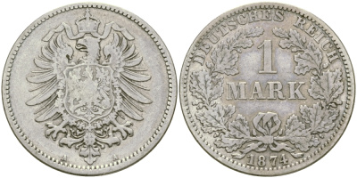 Германия 1 марка 1874 A Weege 17, J. 9, KM 7 серебро 98-1227
