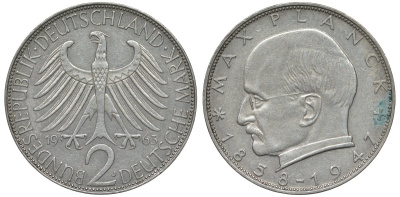 ФРГ 2 марки 1963 J, Макс Планк KM 116, J. 392 медно-никель плакированный никелем 4681-726