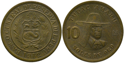 Перу 10 солей 1982 KM 272.2, Schon 73 латунь 4541-254