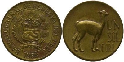 Перу 1 соль 1968 KM 248, Schon 53 латунь 4539-455