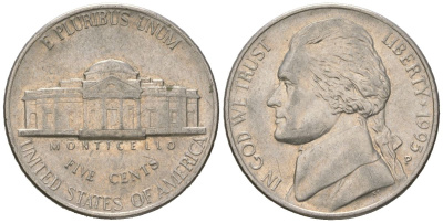 США 5 центов 1995 P, Томас Джефферсон KM A192 медно-никель aUNC 216-516