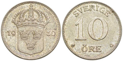 Швеция 10 эре 1930 G, Густав V (1907-1950) KM 780 серебро 116-1154