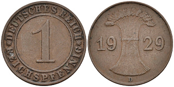 Германия 1 рейхспфенниг 1929 D KM 37, J.313, Weege 2 медь 4585-569