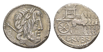 Римская Республика денарий 87 г. до н.э. монетарий Рубрий Доссен, DOSSEN, голова Юпитера, скипетр/L RVBRI, Виктория над триумфальной квадригой, Рим Crawford 348/1 серебро 00-812-21