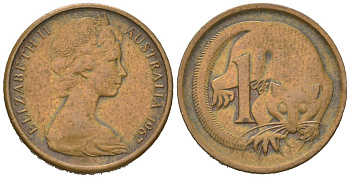 Австралия 1 цент 1967 Елизавета II (1952-2022), опоссум KM 62 бронза 96-857