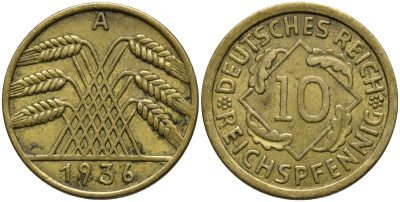 Германия 10 рейхспфеннигов 1936 A KM 40 алюминиевая бронза 4171-357