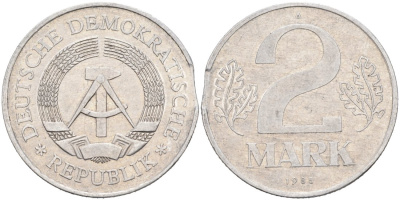 ГДР 2 марки 1985 А, БРАК КРУЖКА KM 48 алюминий 4563-723