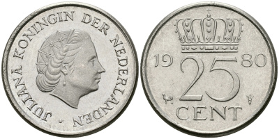 НИДЕРЛАНДЫ 25 ЦЕНТОВ 1980 ЮЛИАНА KM 183 никель 96-262