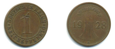 ГЕРМАНИЯ 1 РЕЙХСПФЕННИГ 1928 A KM 37, J.313 бронза 35-151