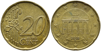 ГЕРМАНИЯ 20 ЕВРОЦЕНТОВ 2002 F KM 211 латунь 4393-1131