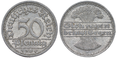 Германия 50 пфеннигов 1920 F KM 27, J. 301 алюминий 4163-814